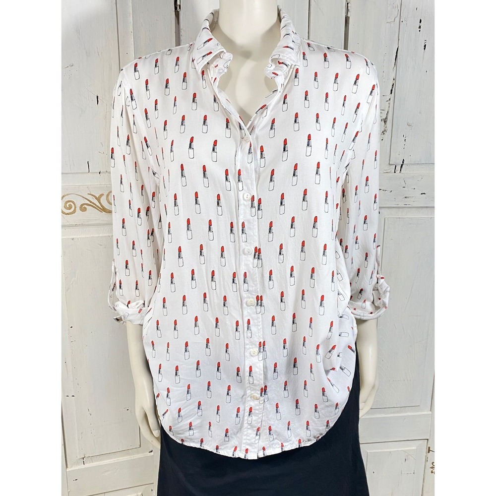 Jane + Delancey Women White Red Lipstick Print Roll Tab Button Up Blouse Medium
